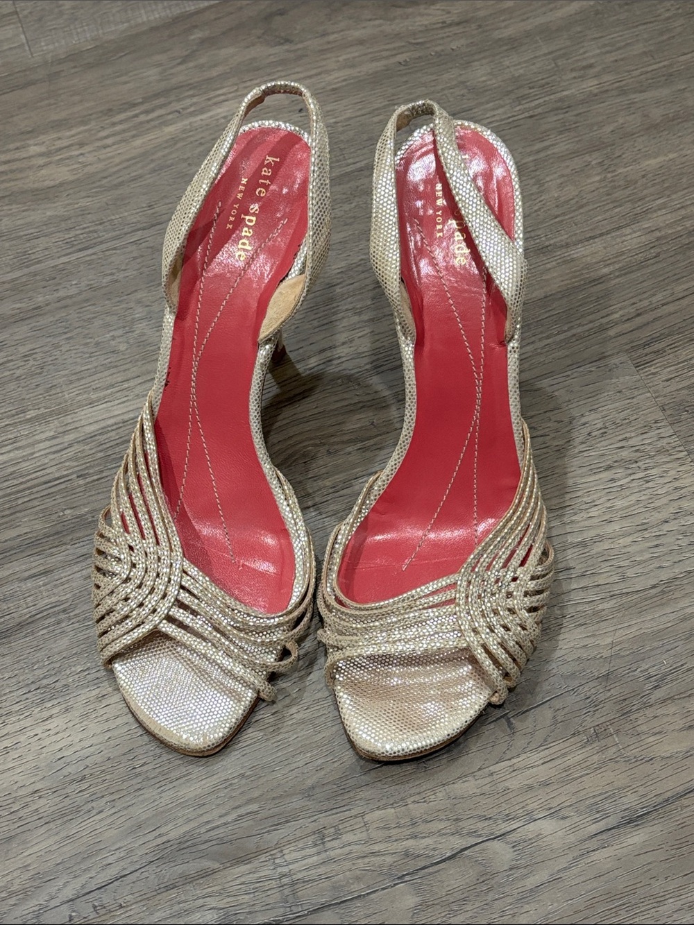 kate spade Gold Open-Toe Slingback Heels with Red Insole